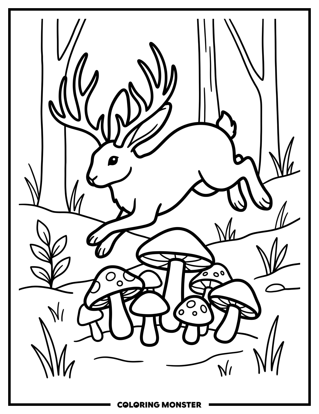 Jackalope Leaping Over Mushrooms Coloring Page