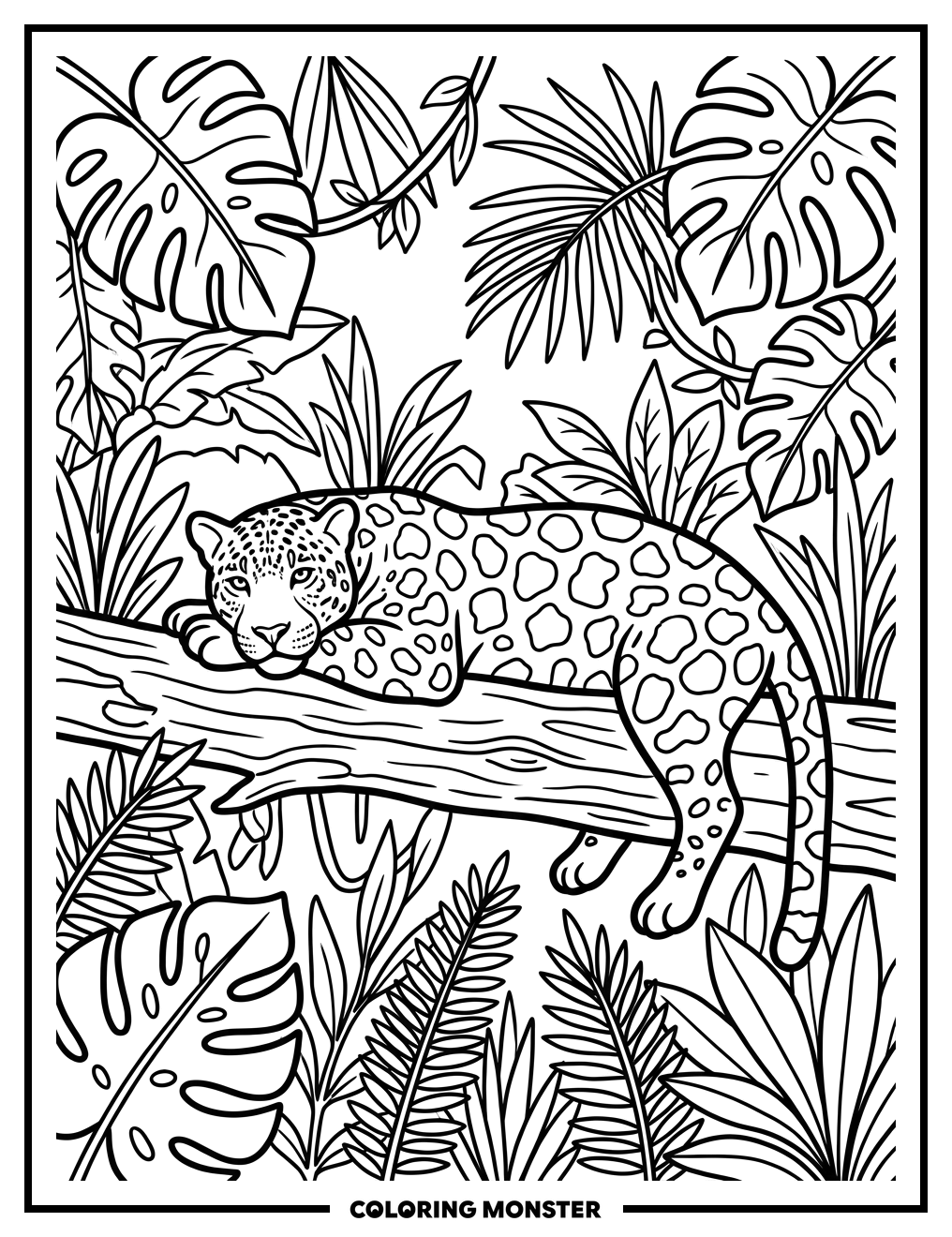 Jaguar Resting on a Fallen Log Coloring Page