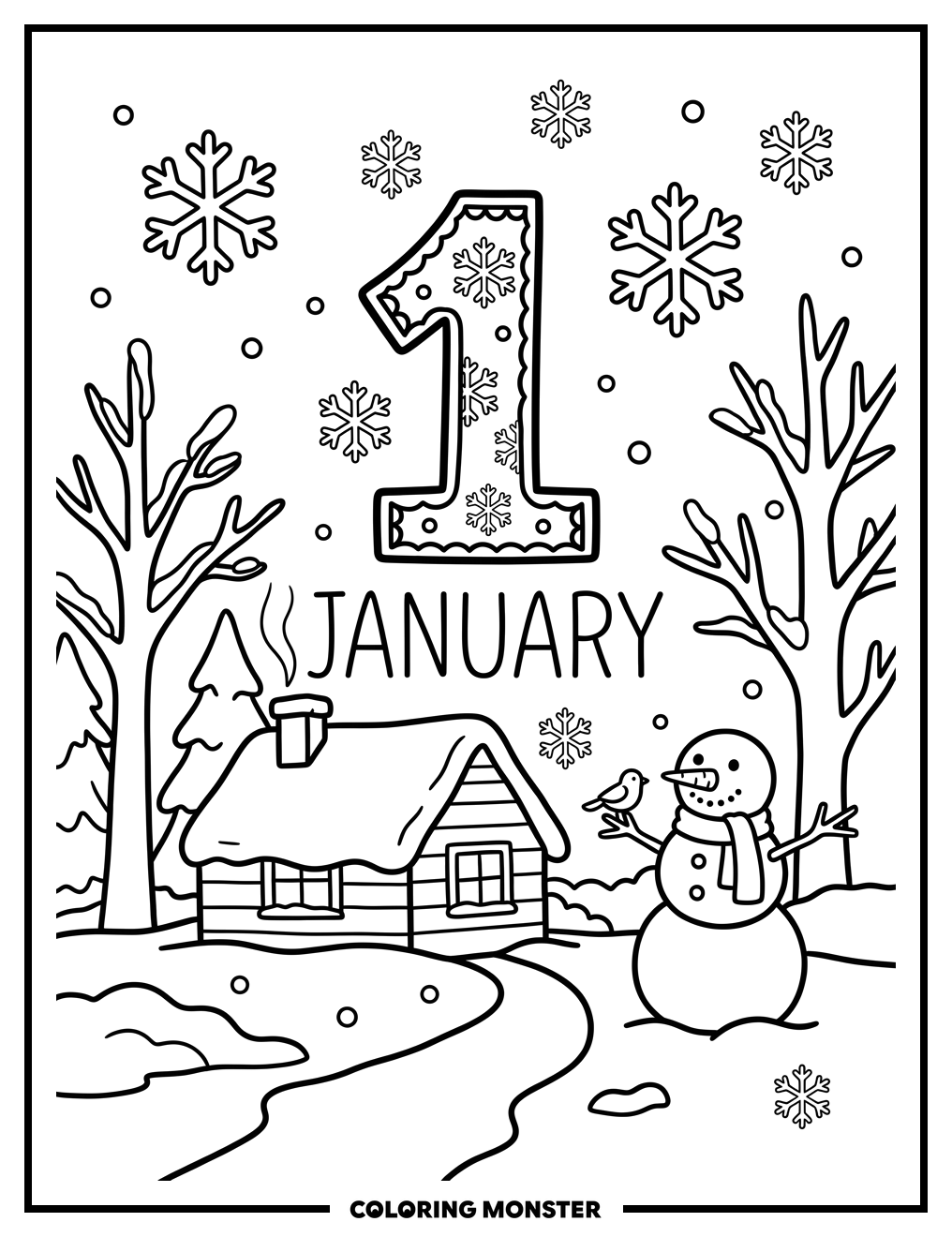 January Number One Snow Scene Coloring Page