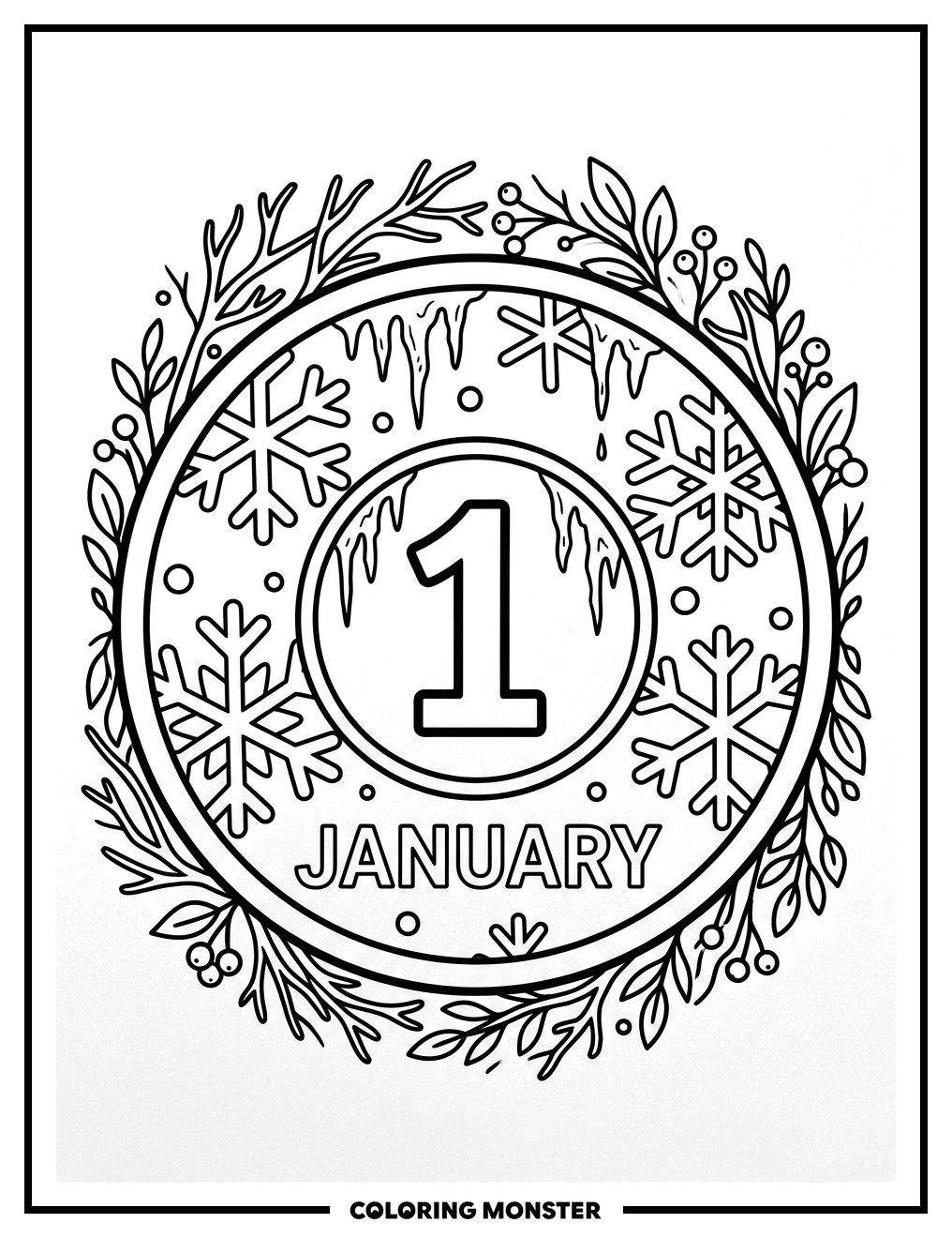 January Snowflake Calendar Coloring Page