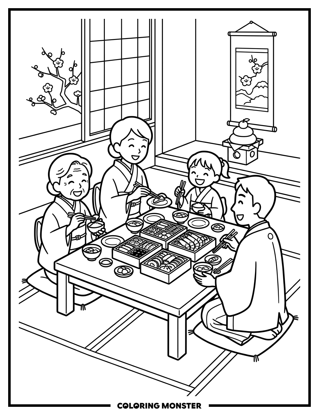 Japanese Family Enjoying New Year's Meal Coloring Page