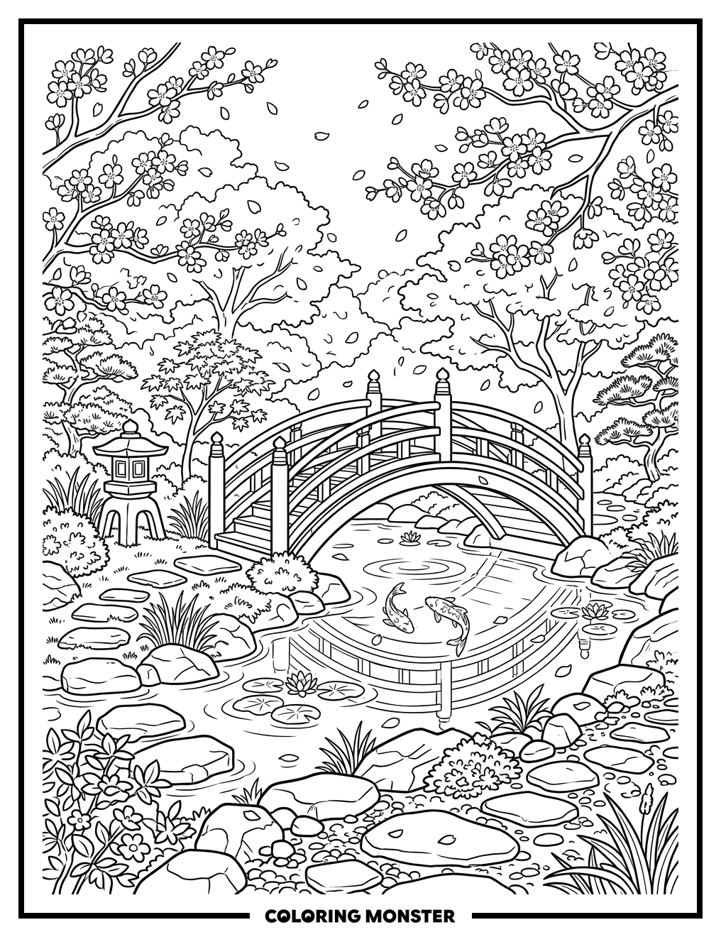 Japanese Garden With Red Bridge Coloring Page