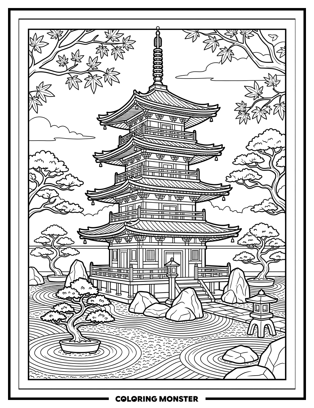 Japanese Pagoda In Zen Garden Coloring Page