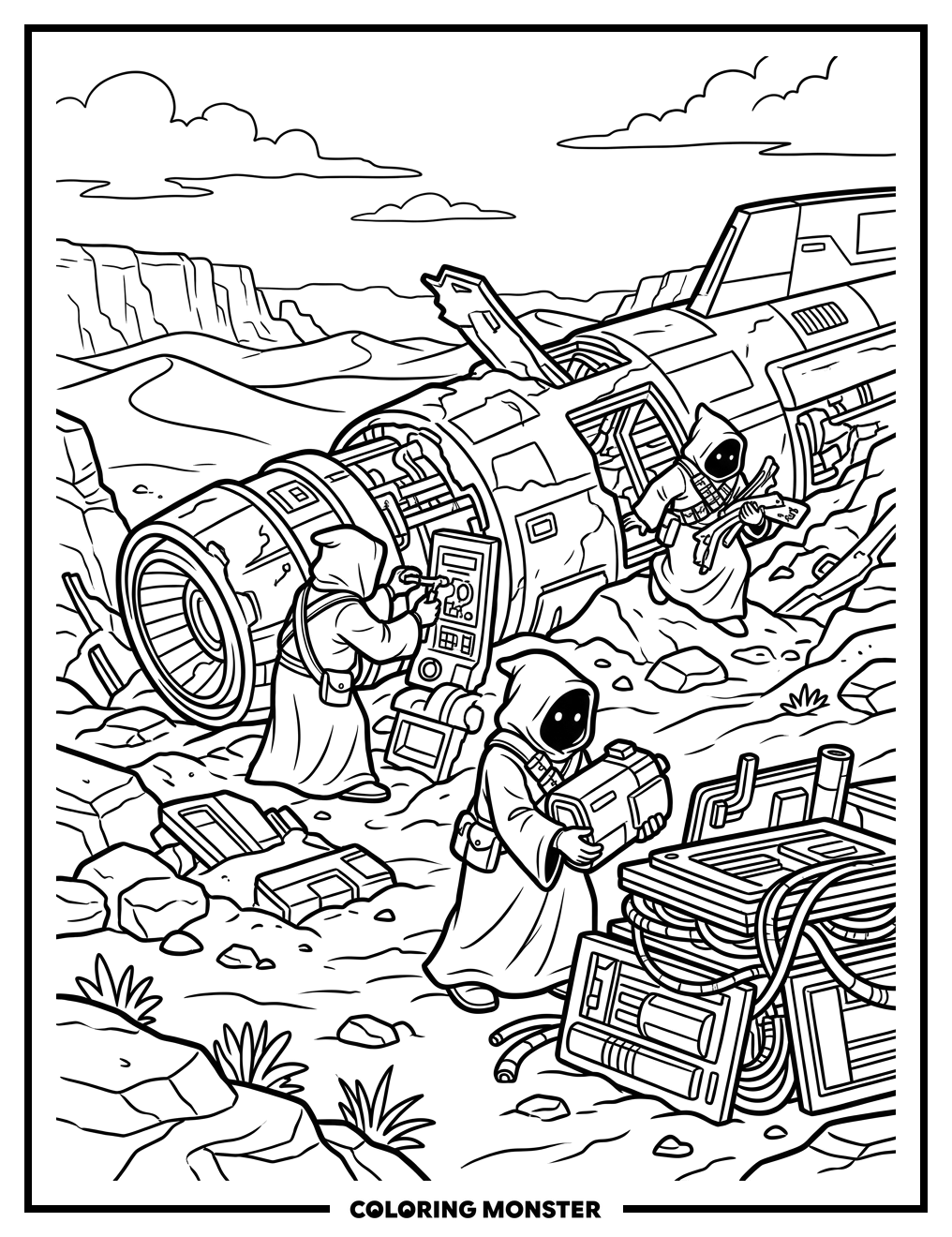 Jawas Scavenging Crashed Starship Coloring Page
