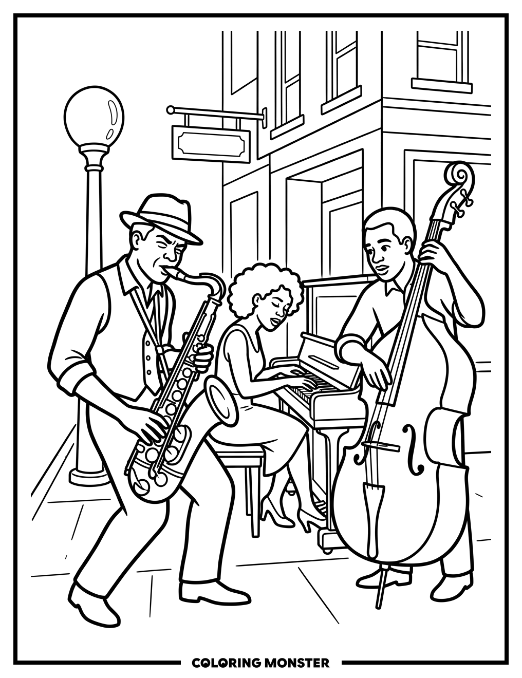 Jazz Musicians on Street Corner Coloring Page