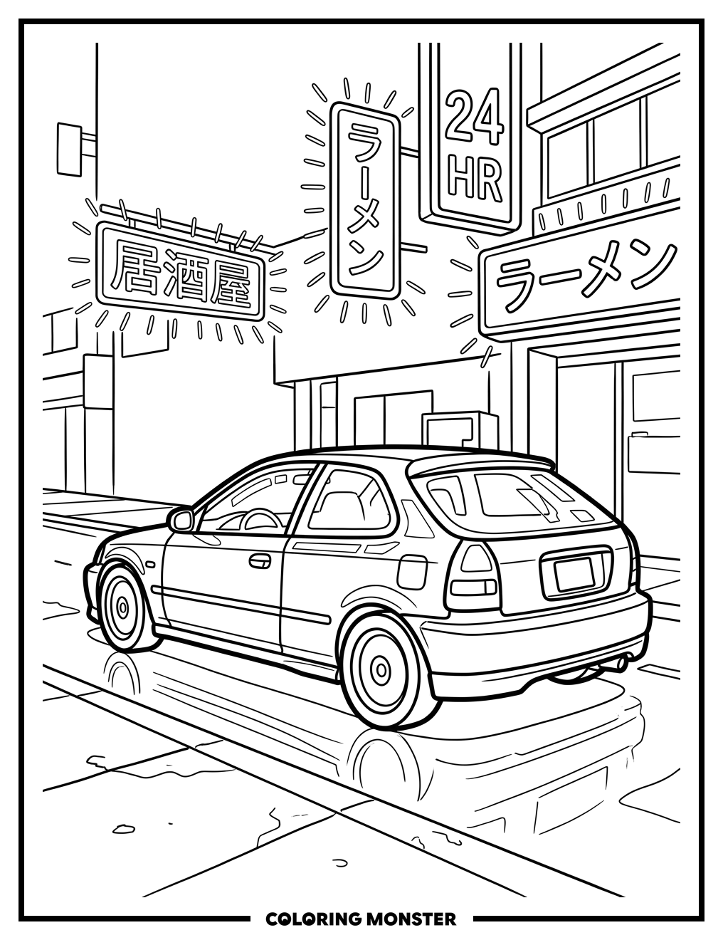 JDM Honda Civic on City Street Coloring Page