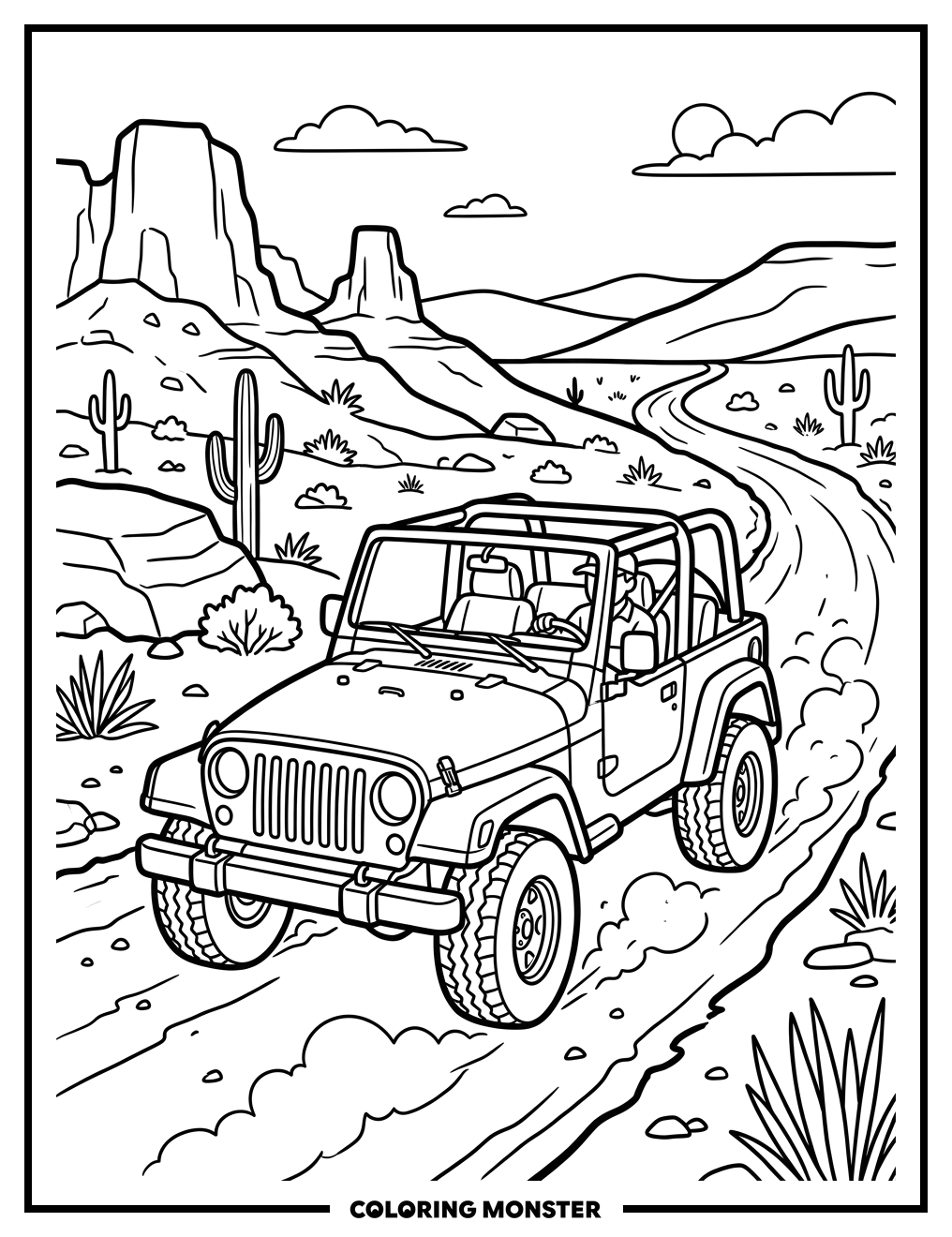 Jeep Driving on Desert Road Coloring Page