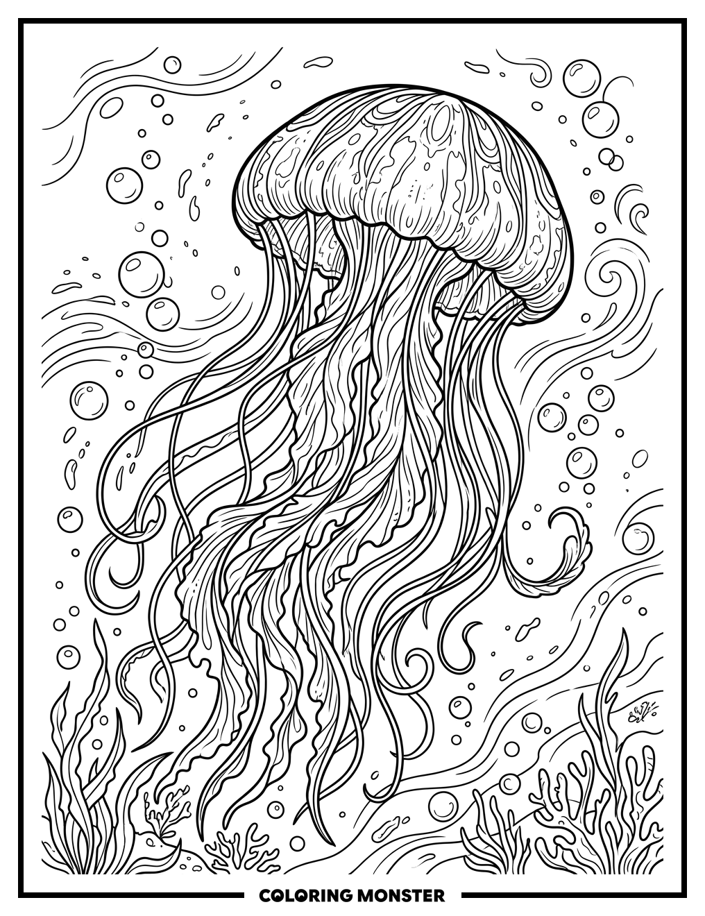 Jellyfish Drifting in the Deep Blue Sea Coloring Page
