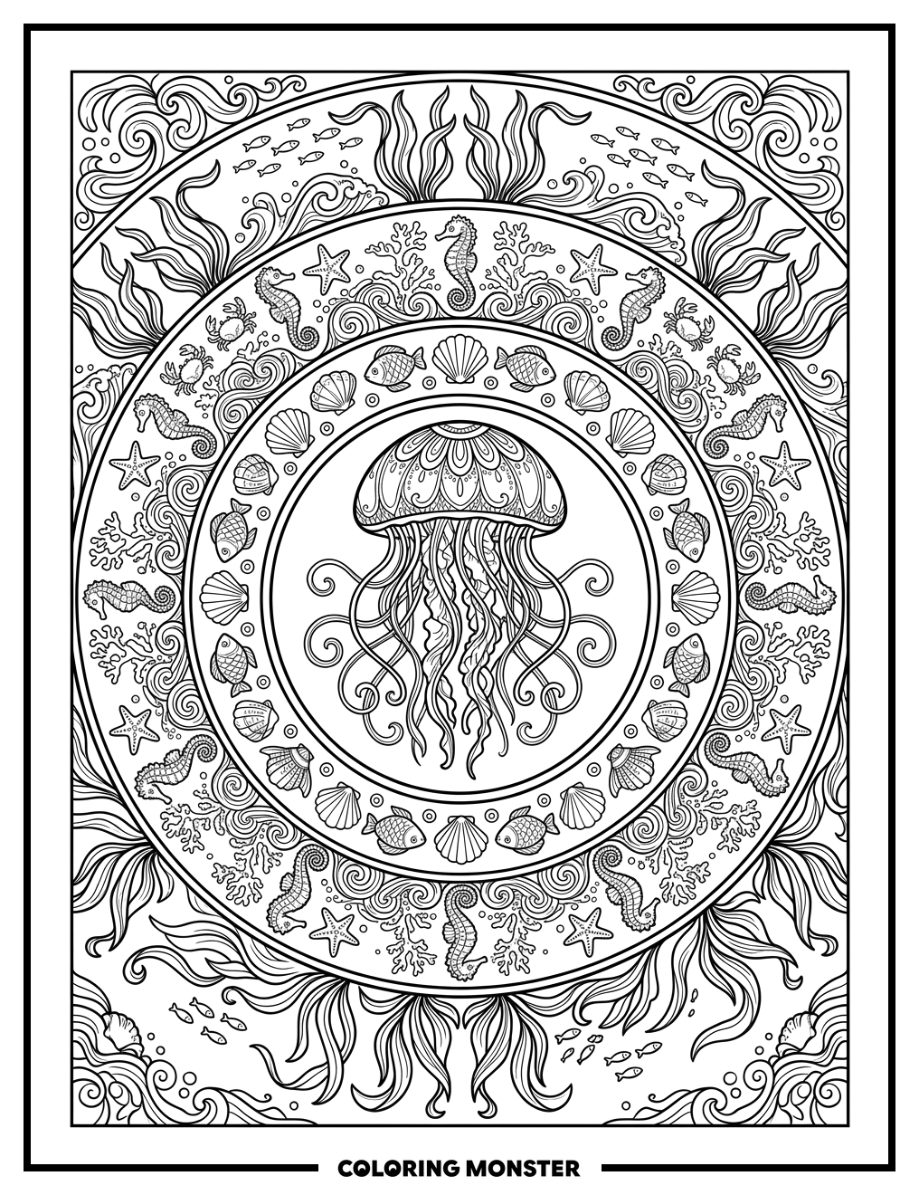 Jellyfish Mandala Coloring Page