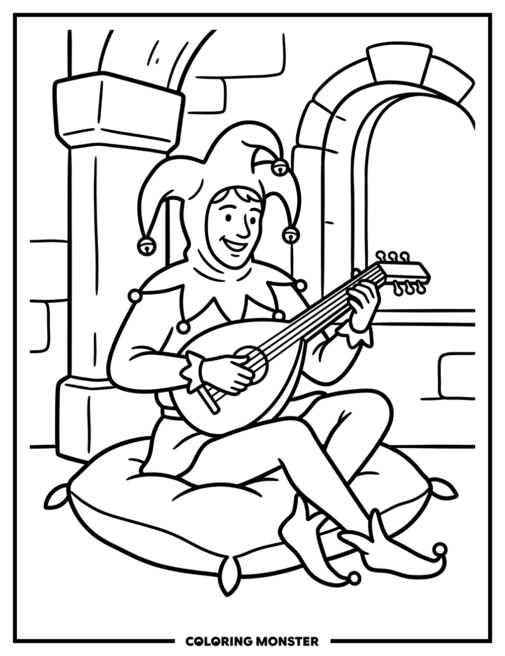 Jester Playing Lute in Castle Coloring Page