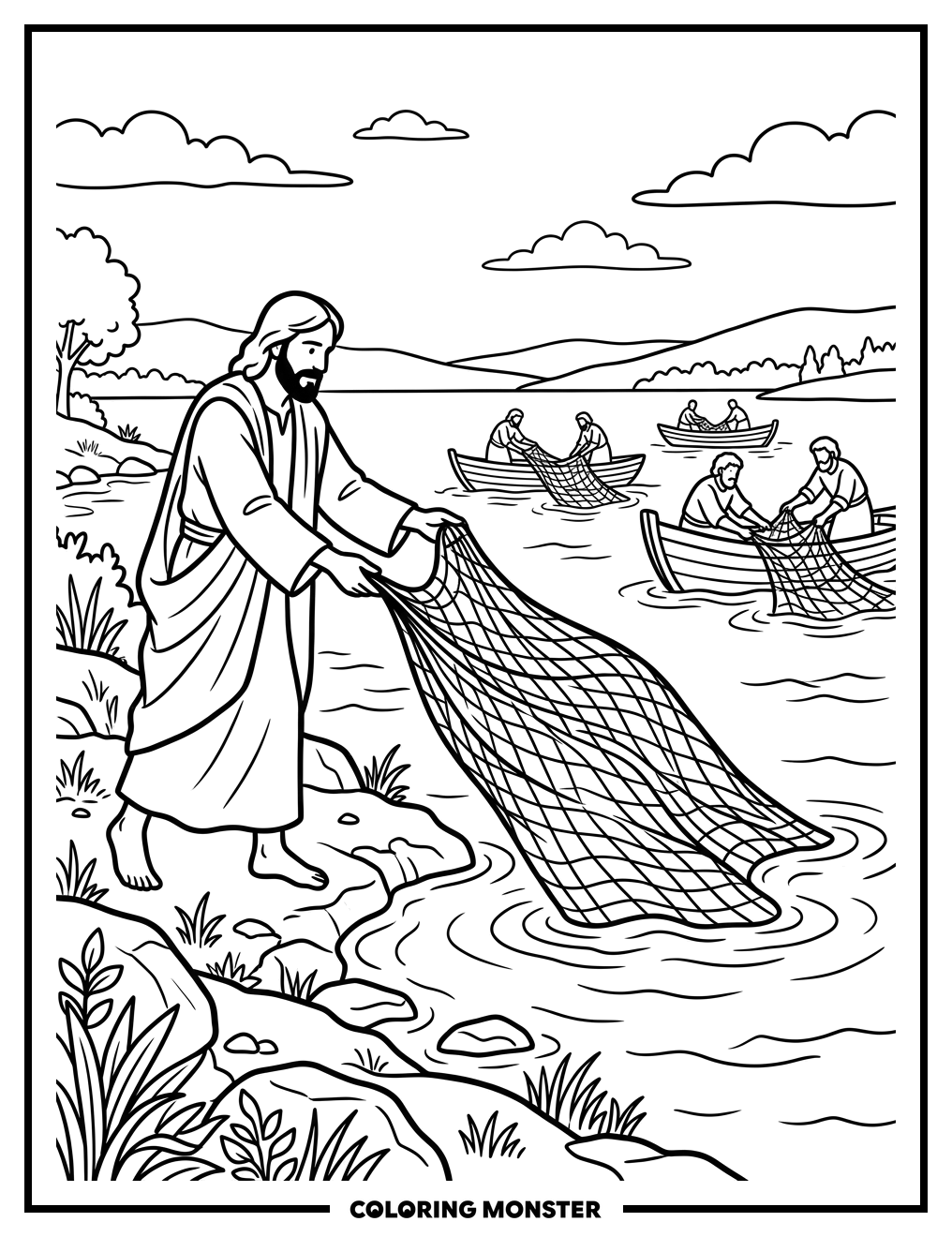 Jesus and Disciples Fishing Coloring Page
