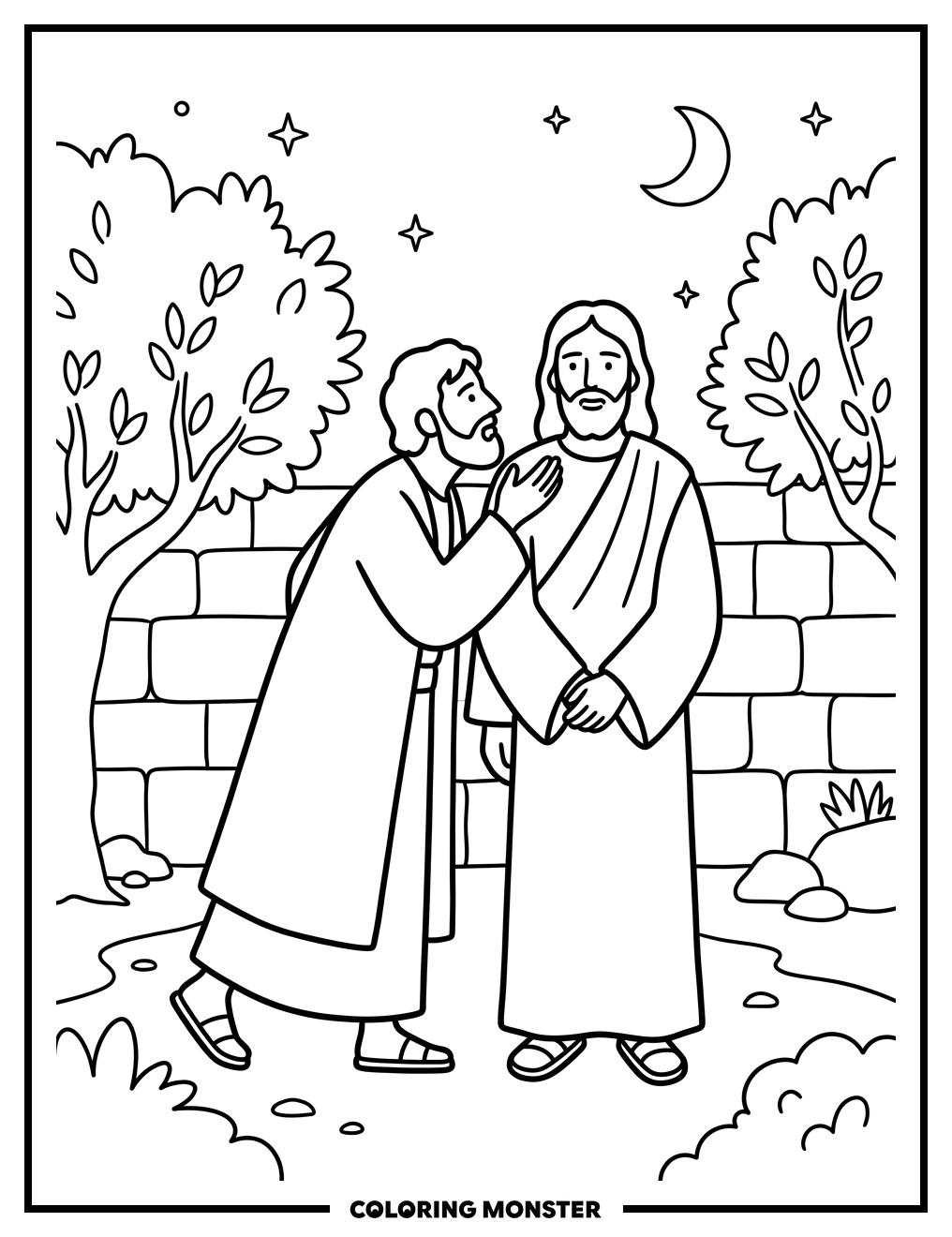 Jesus and Judas in Gethsemane Coloring Page