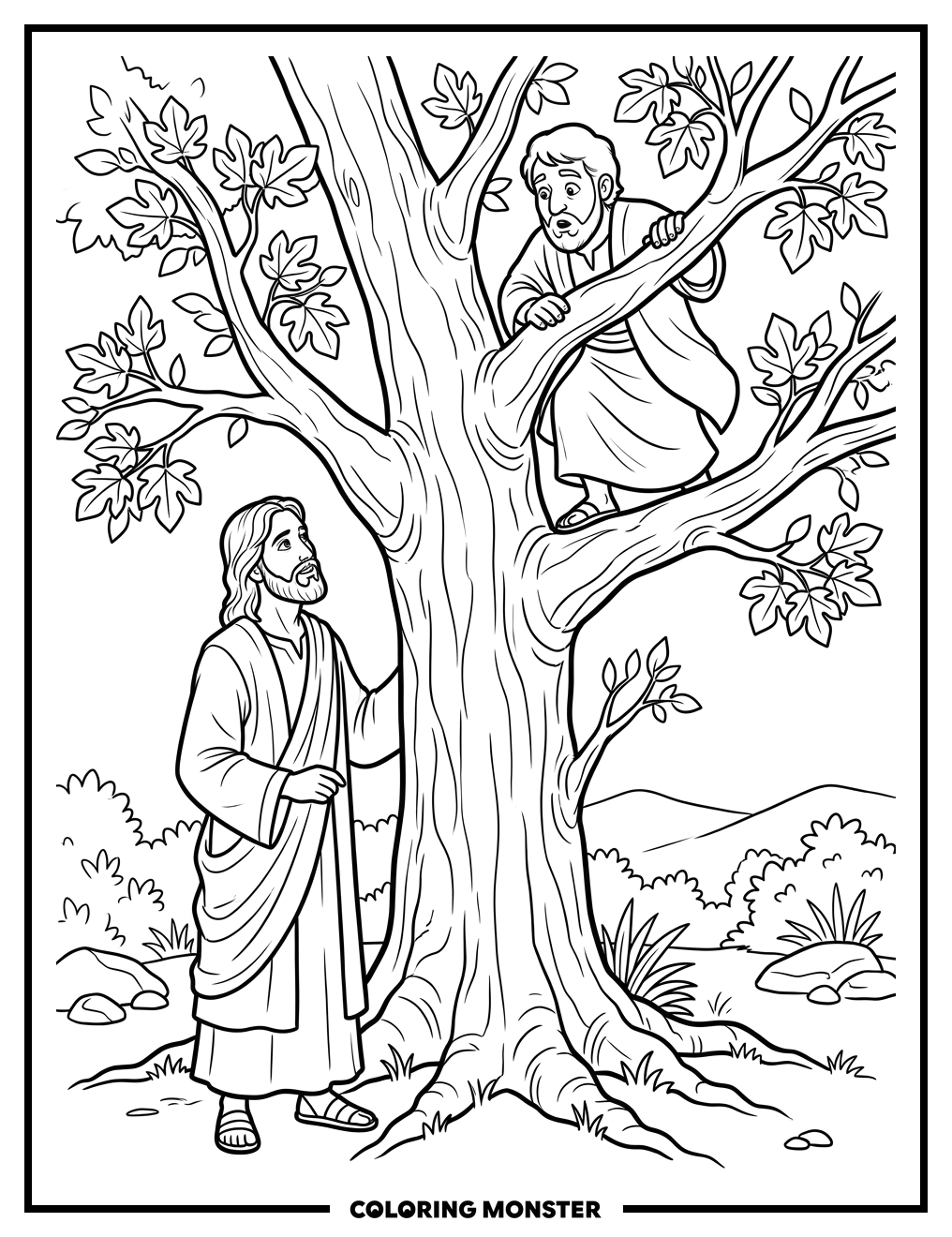 Jesus and Zacchaeus in the Sycamore Tree Coloring Page