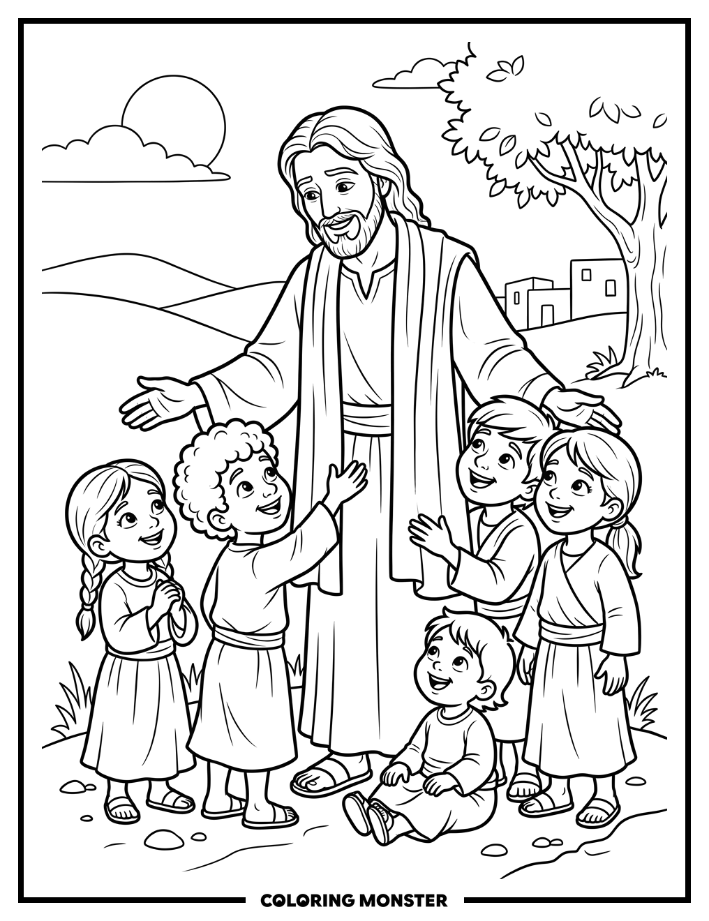 Jesus Blesses Diverse Children Coloring Page