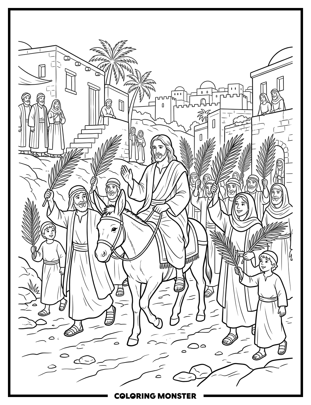 Jesus Enters Jerusalem On Donkey Coloring Page