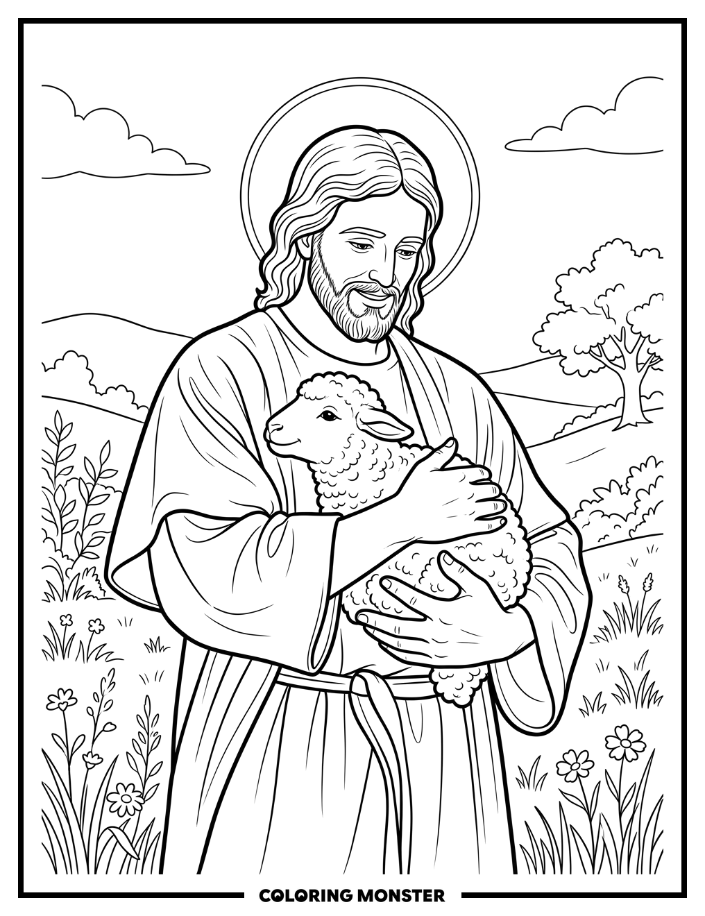 Jesus Holding A Gentle Lamb Coloring Page