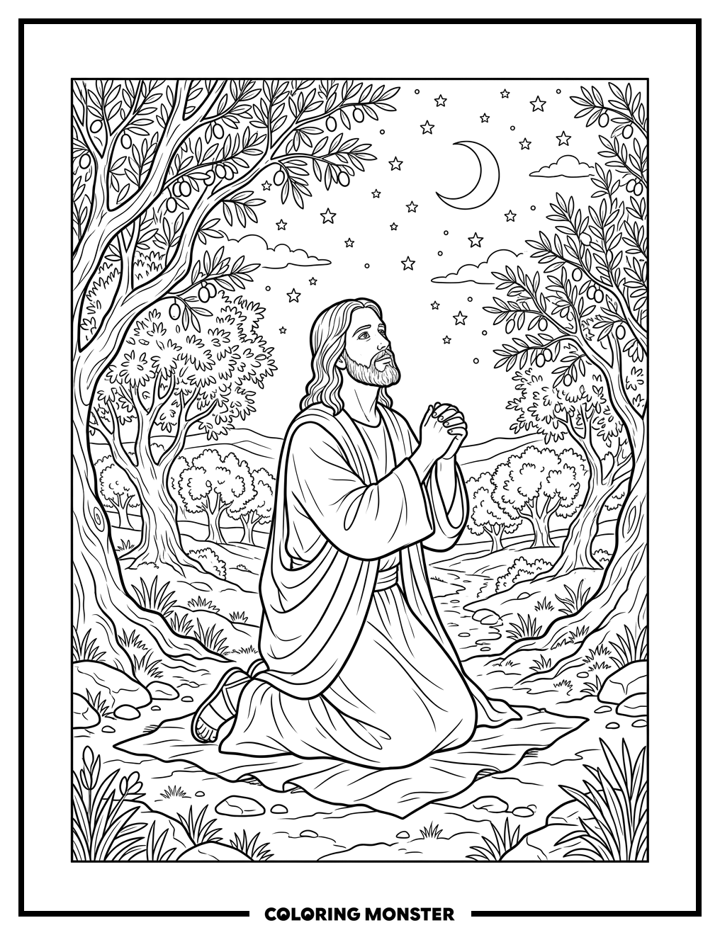 Jesus Kneeling in Garden at Night Coloring Page