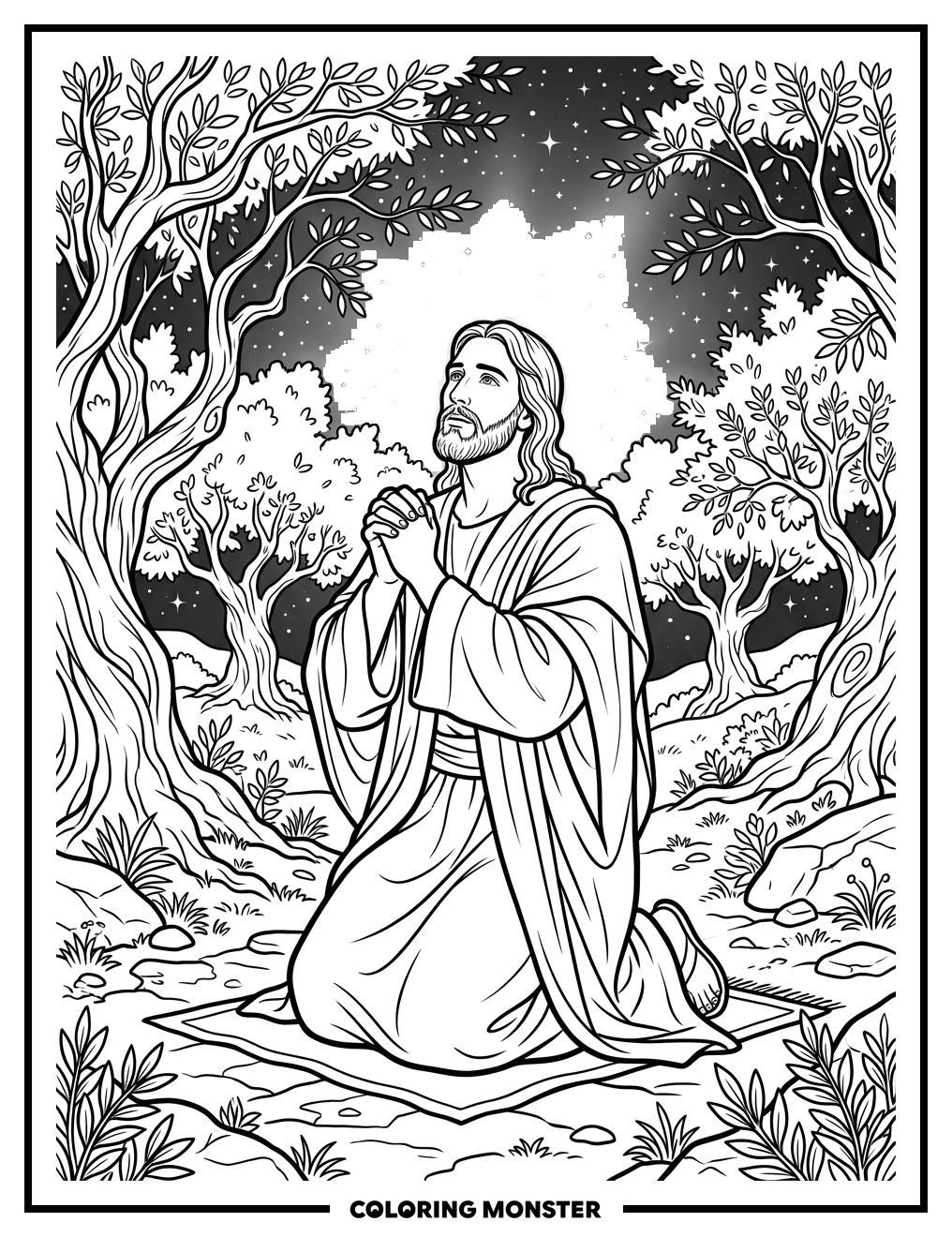 Jesus Praying in a Garden Coloring Page