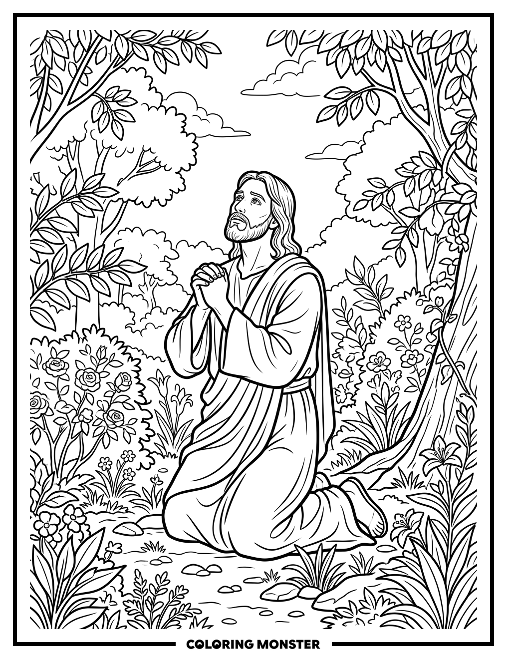 Jesus Praying in a Garden Coloring Page