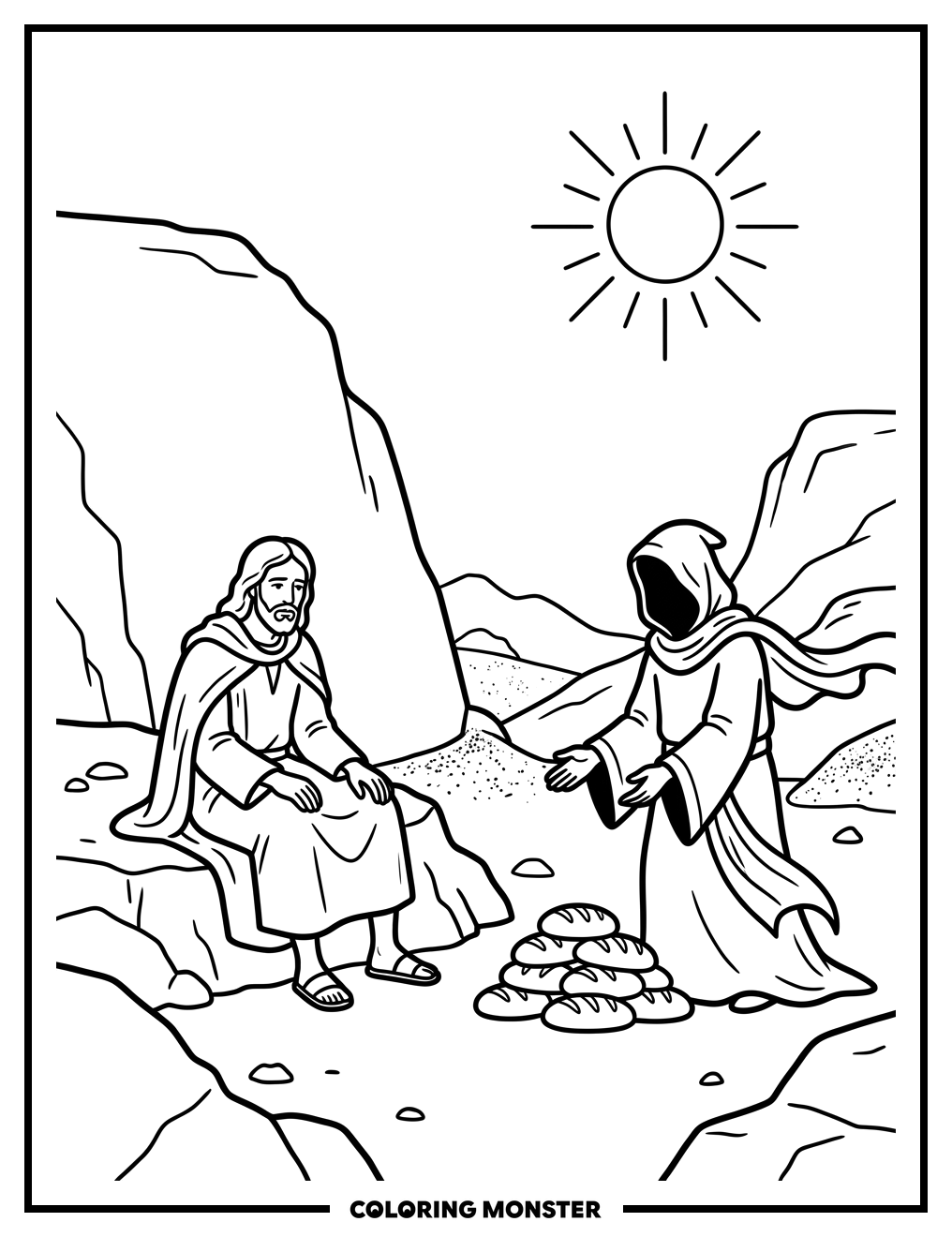Jesus Resisting Temptation in the Desert Coloring Page