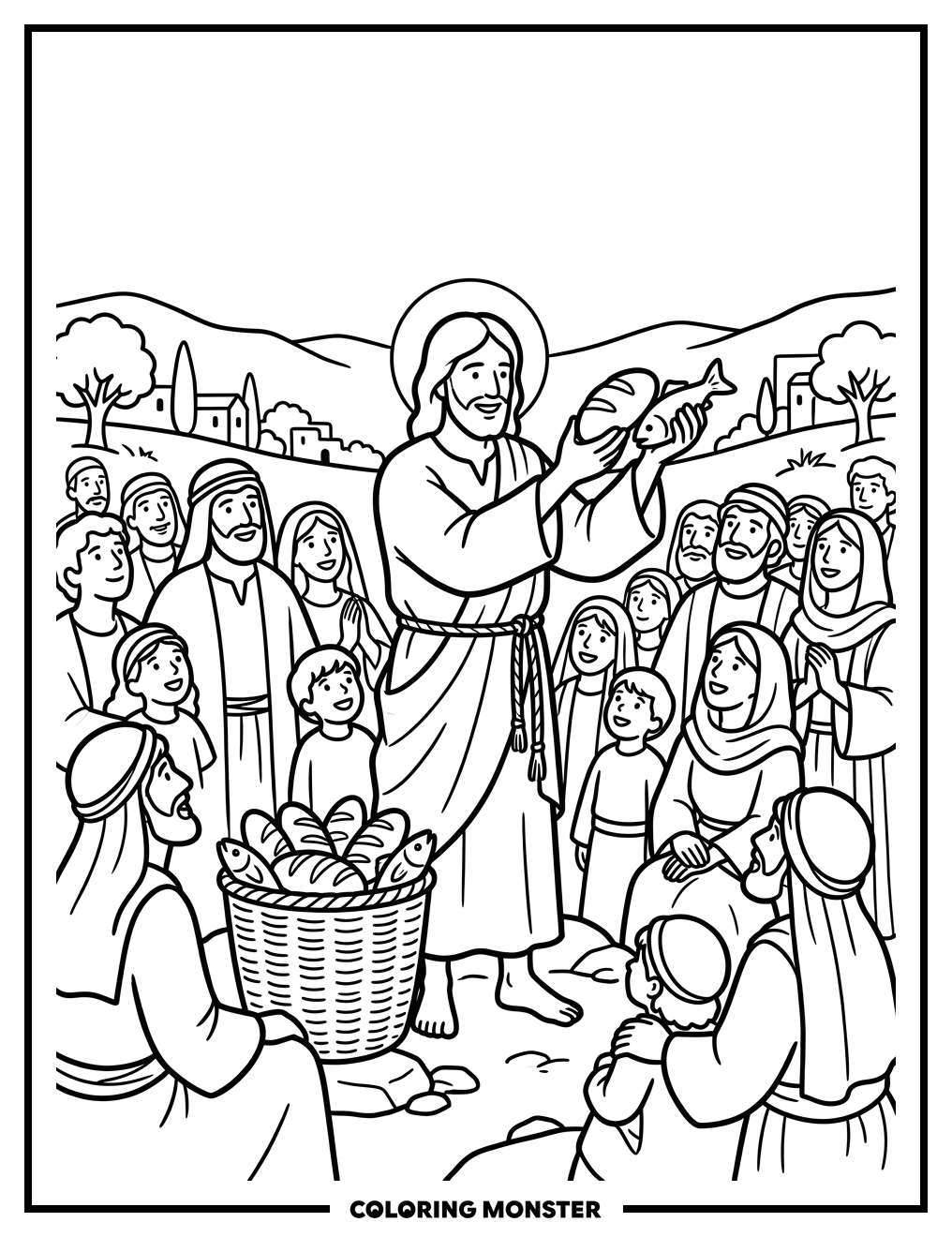 Jesus Shares Loaves and Fishes Coloring Page