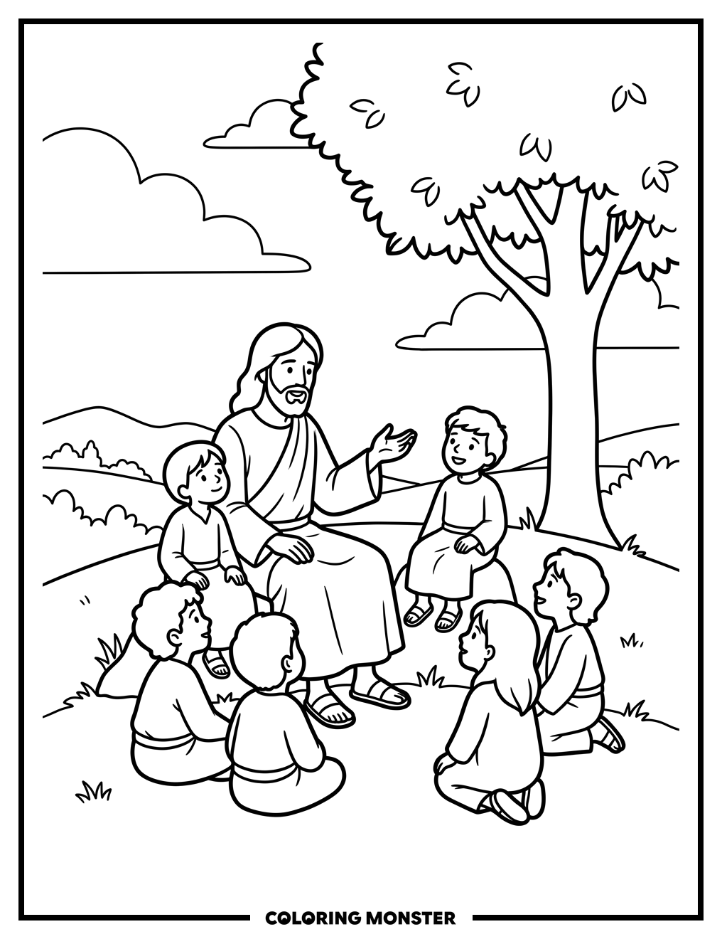Jesus Teaches Children Outdoors Coloring Page