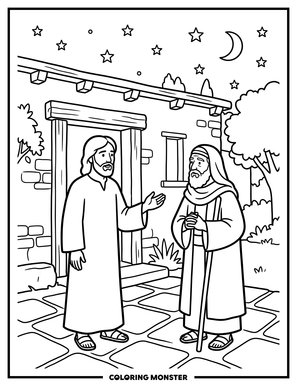 Jesus Teaches Nicodemus at Night Coloring Page
