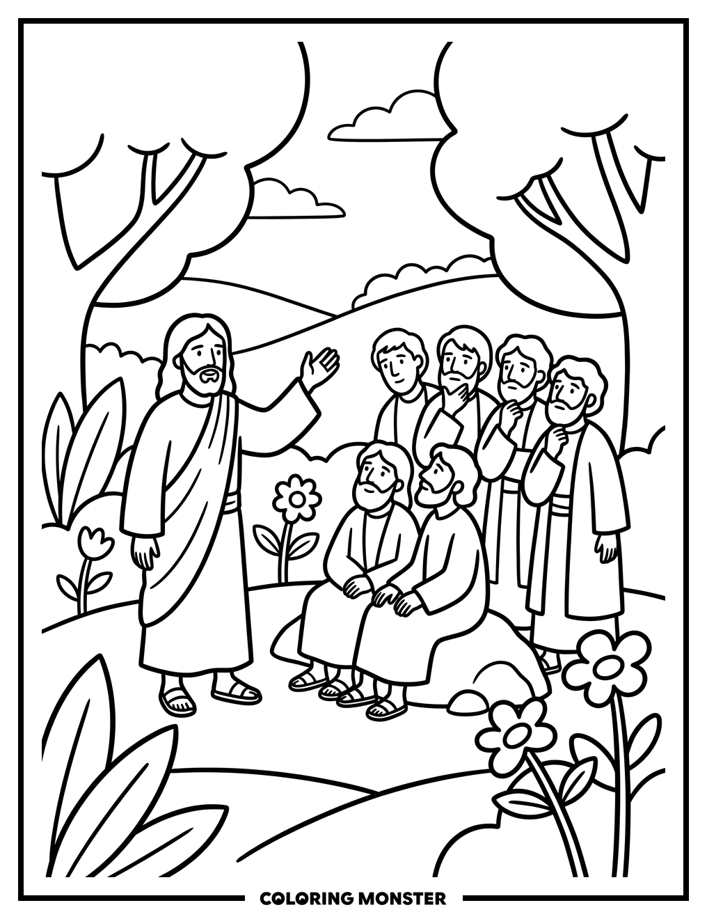 Jesus Teaching His Disciples In The Garden Coloring Page