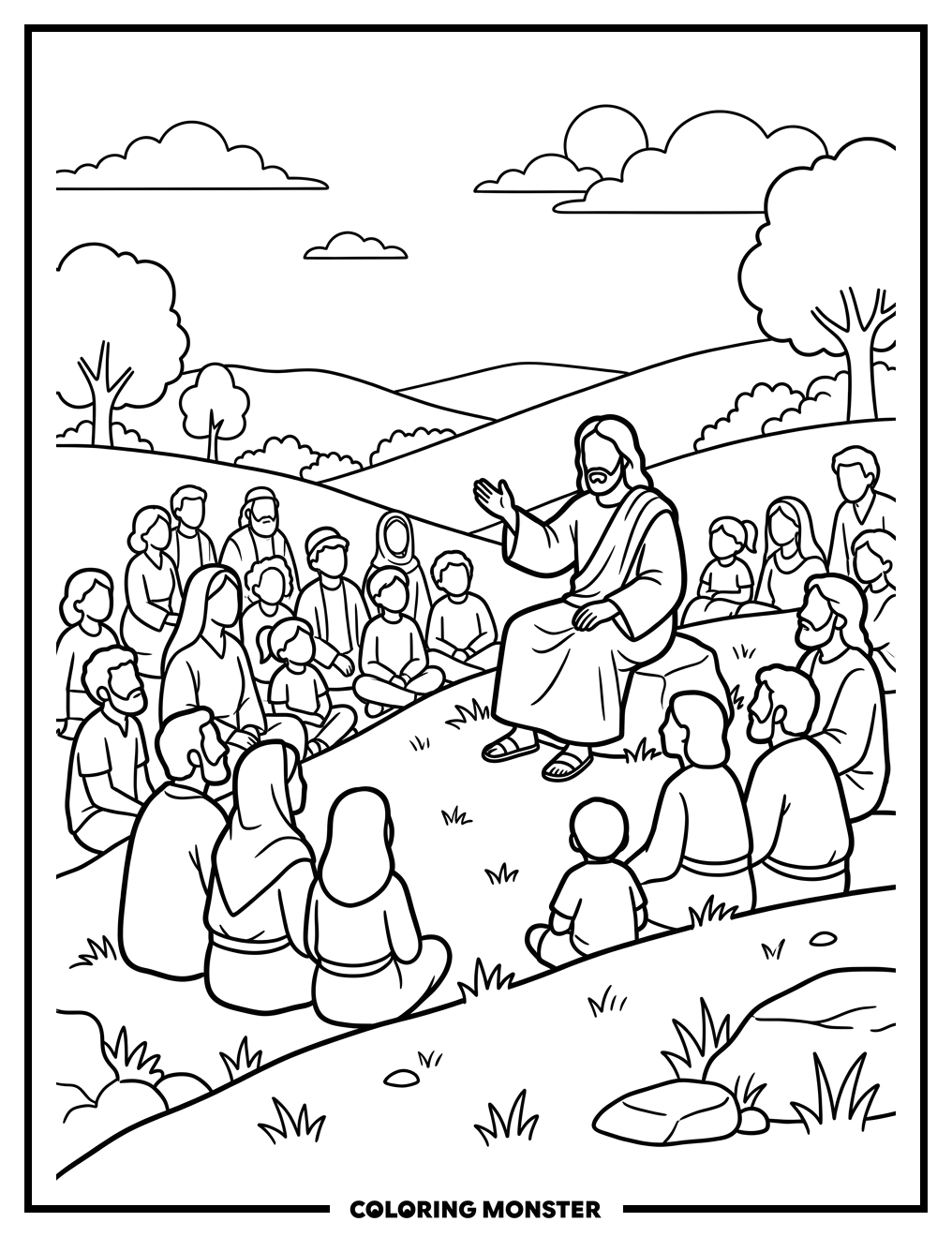 Jesus Teaching on a Hillside Coloring Page