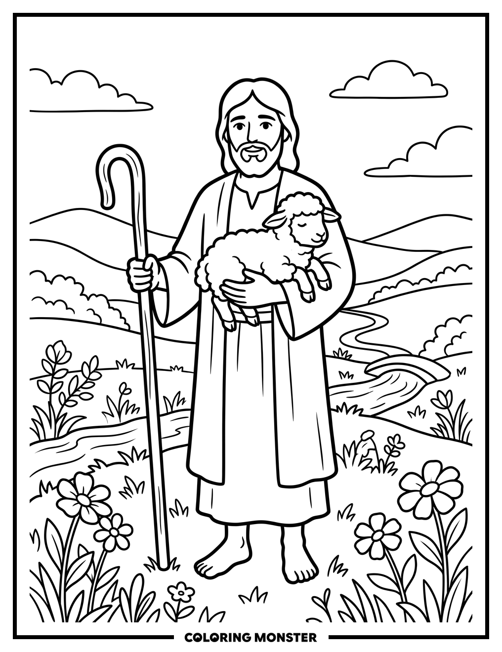 Jesus The Caring Shepherd With Lamb Coloring Page