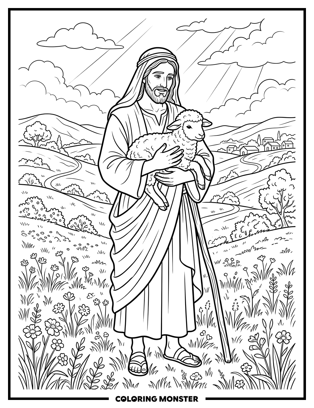Jesus The Good Shepherd With Lamb Coloring Page