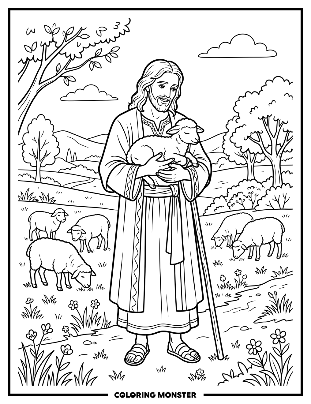 Jesus The Good Shepherd With Lamb Coloring Page