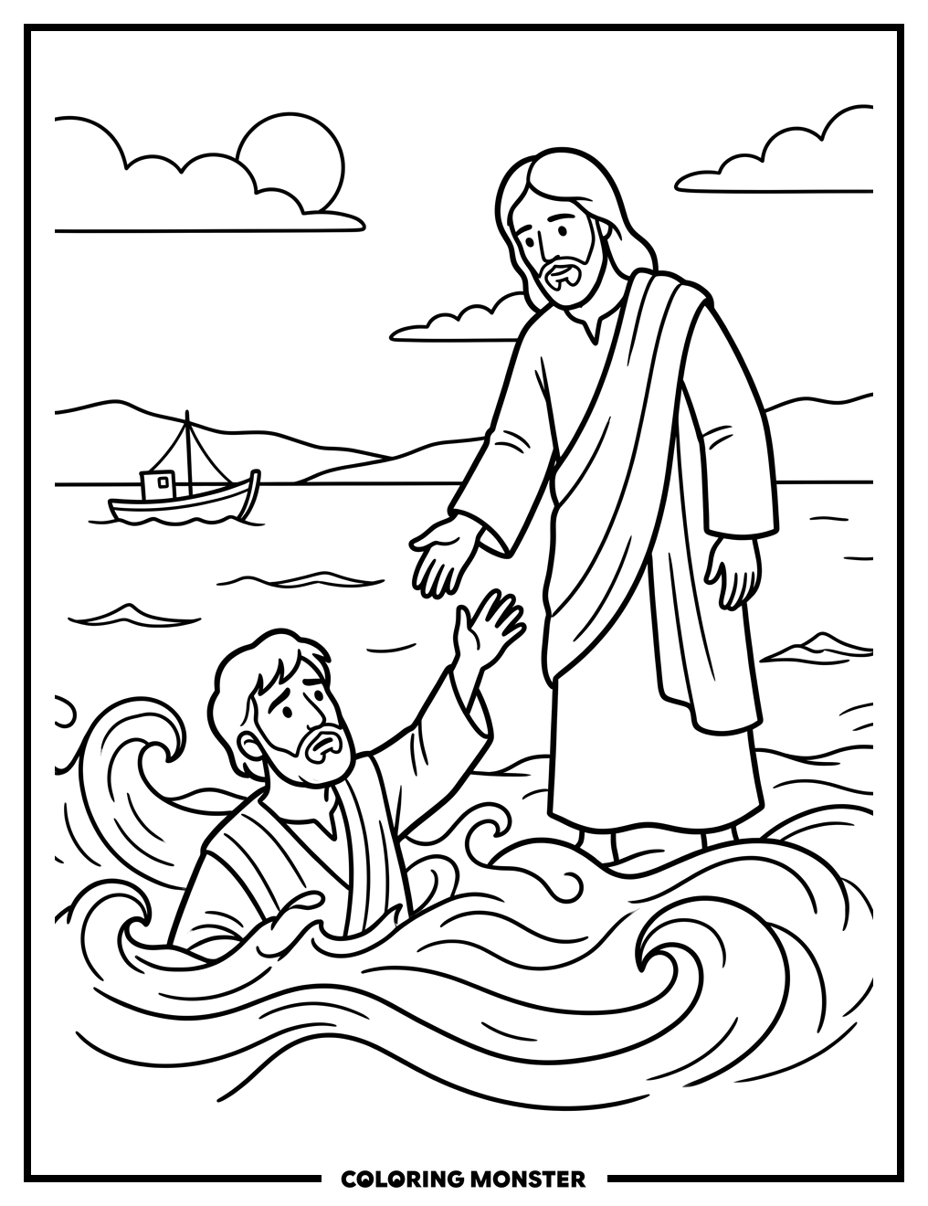 Jesus Walks on Water to Peter Coloring Page
