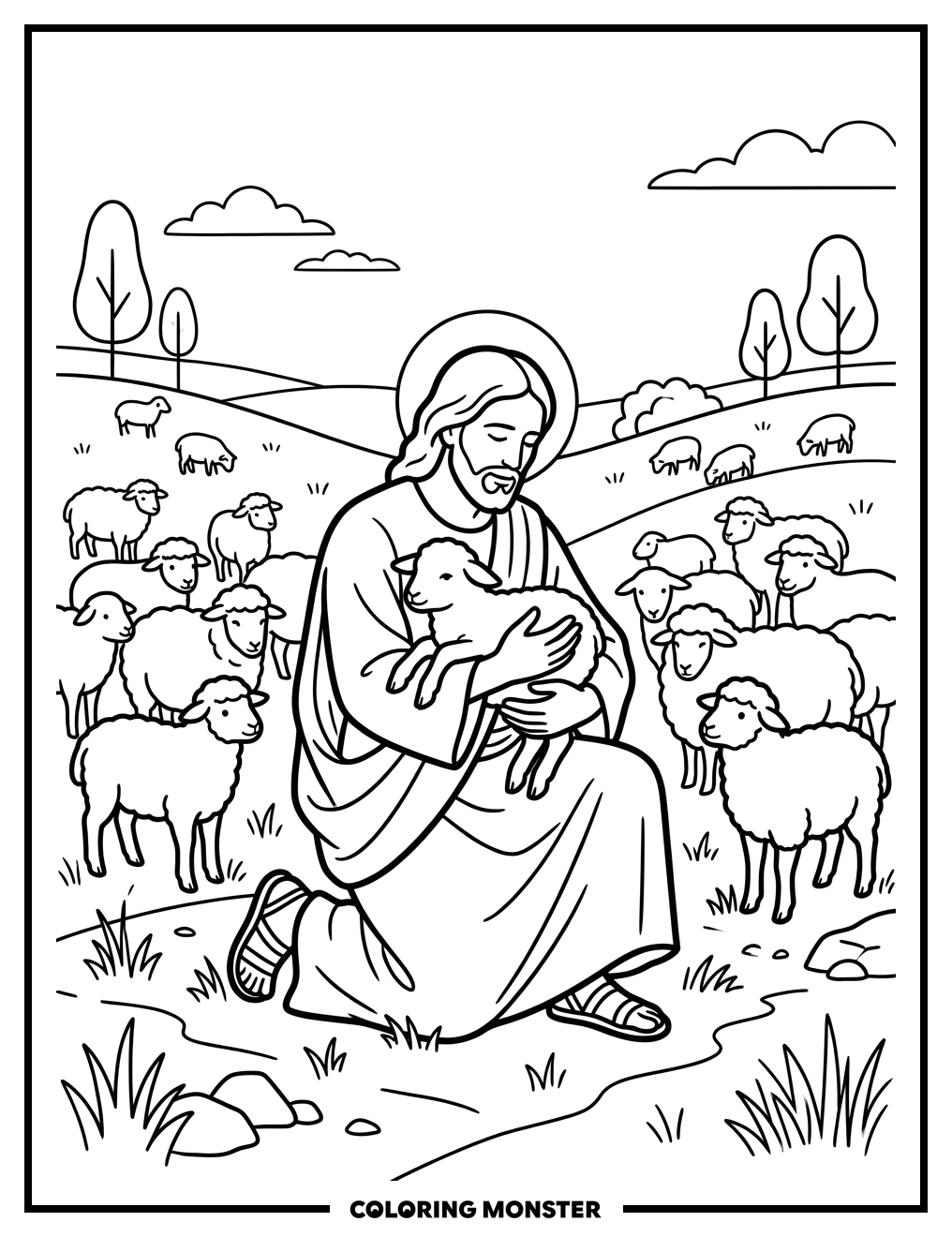Jesus With A Gentle Lamb Coloring Page