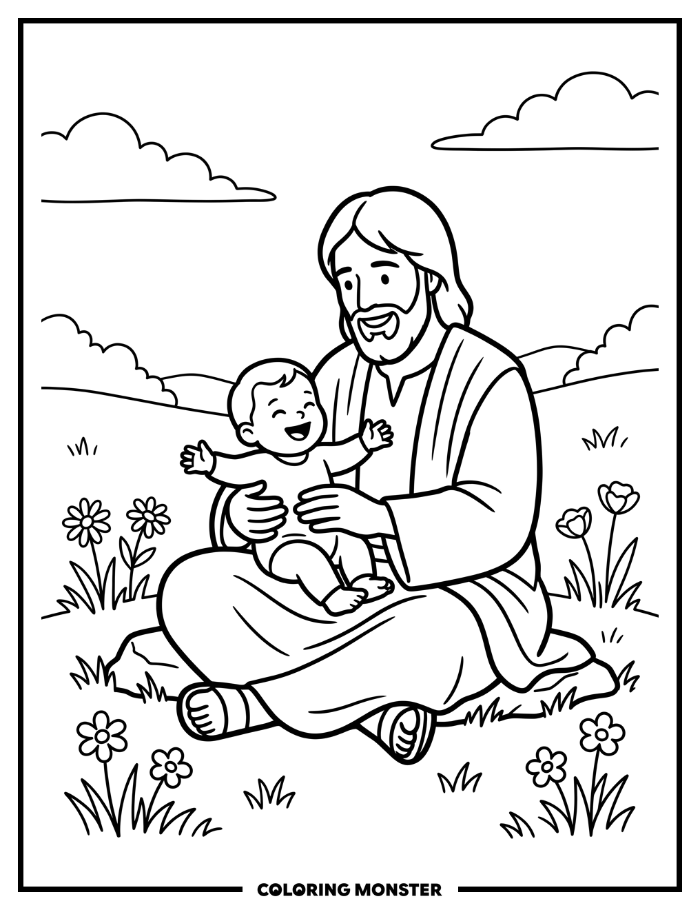 Jesus With Baby in Meadow Coloring Page