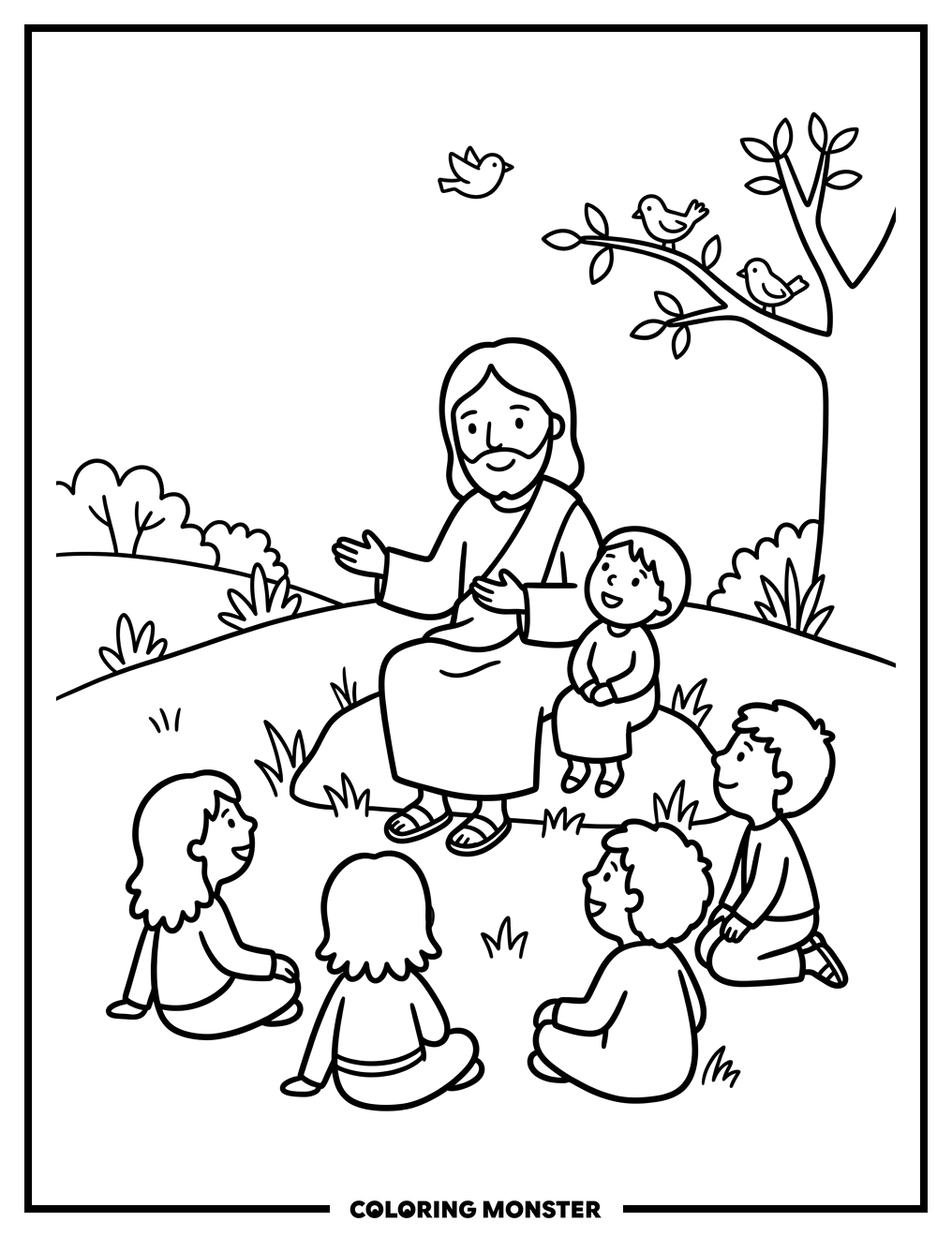 Jesus With Children On A Hill Coloring Page