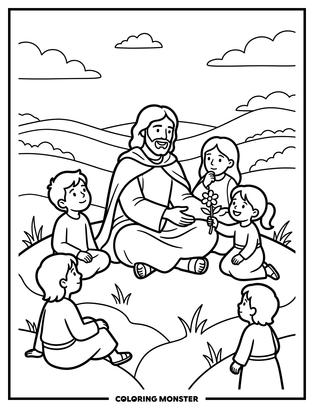 Jesus With Children On Grassy Knoll Coloring Page