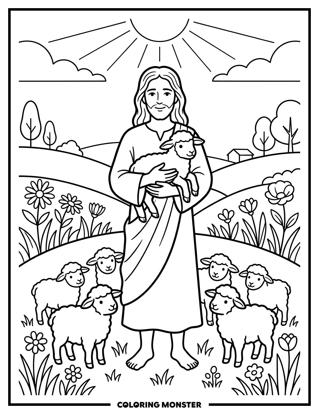 Jesus with Lambs in a Field Coloring Page