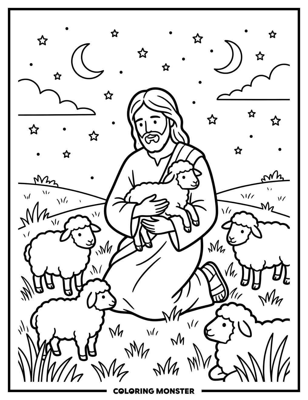 Jesus With Lambs Under Starry Sky Coloring Page