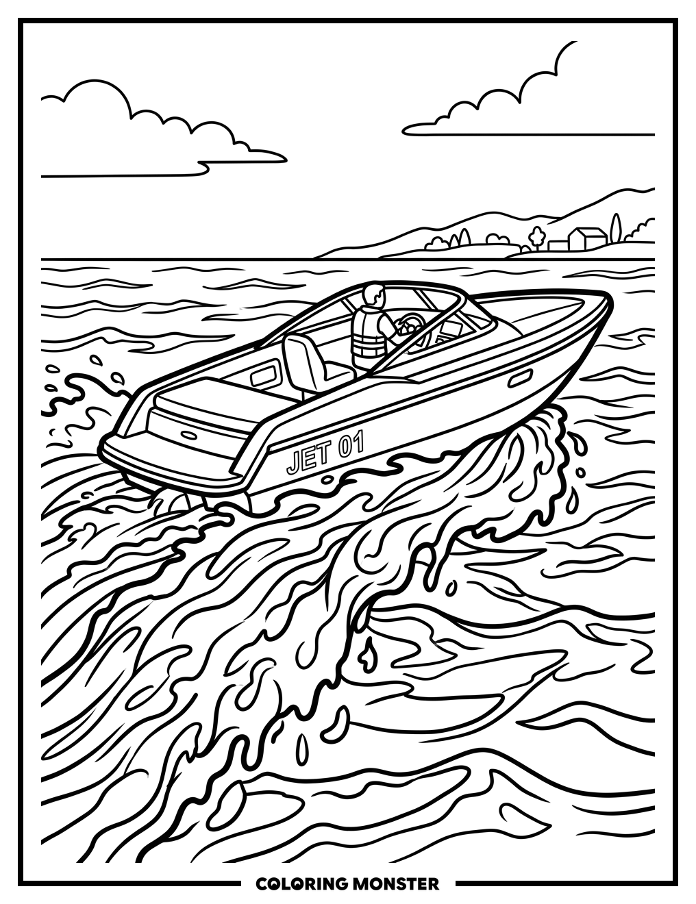 Jet Boat Speeding Across Water Coloring Page