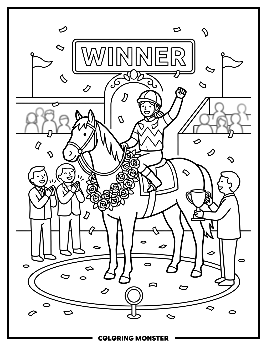 Jockey and Horse in Winner's Circle Coloring Page