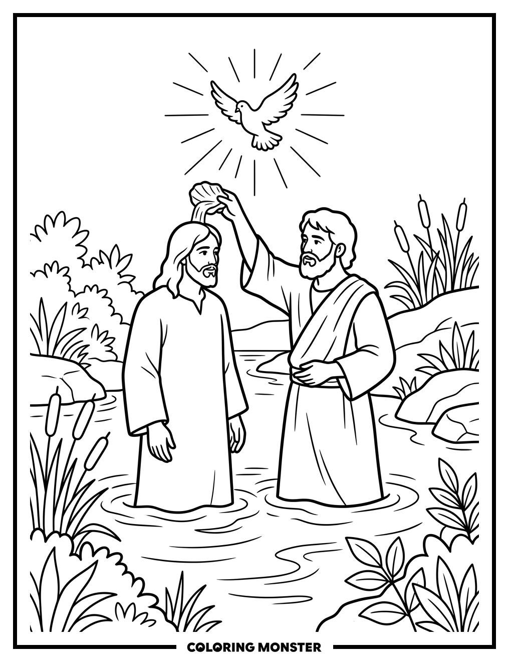 John Baptizes Jesus in the Jordan River Coloring Page