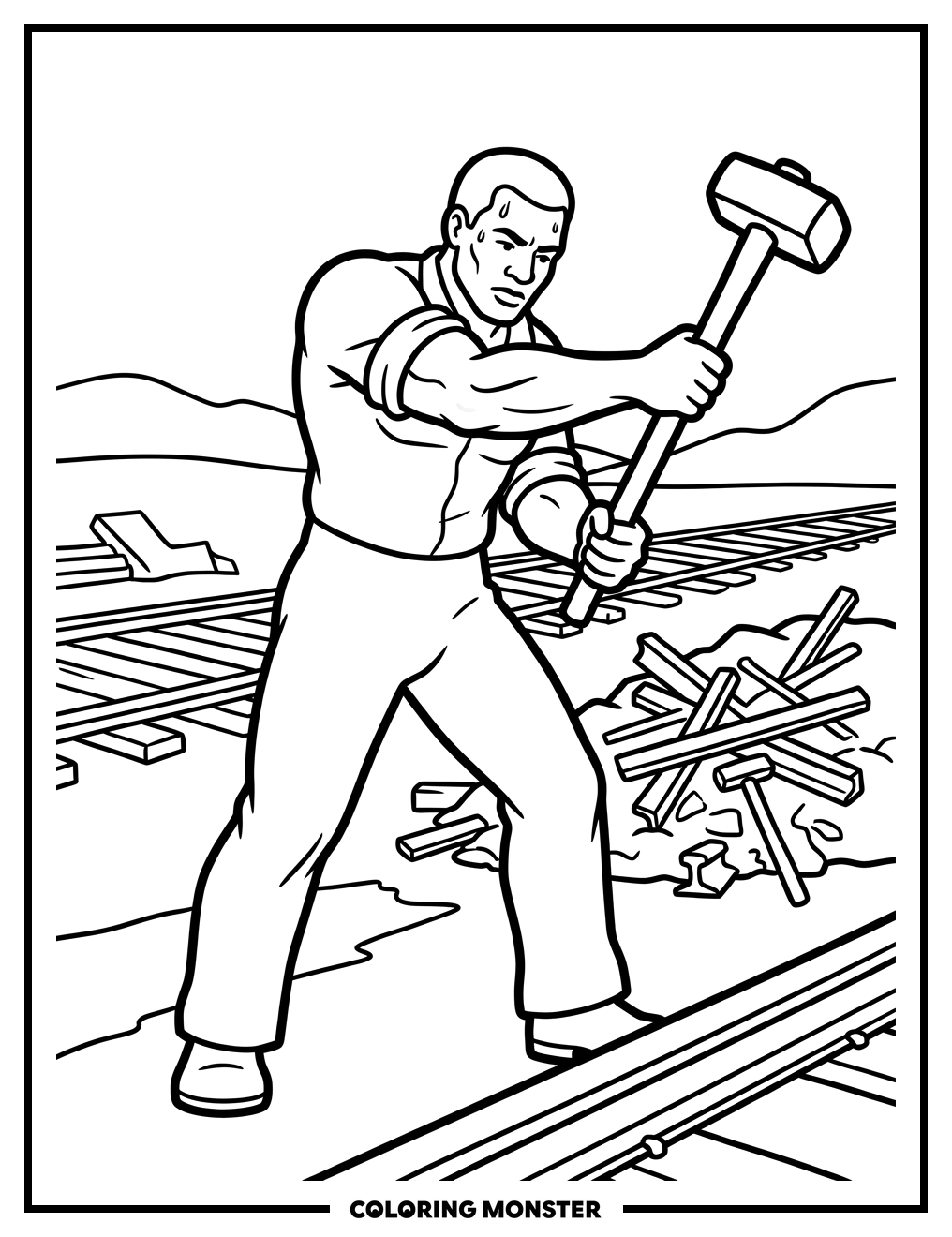 John Henry Swinging His Hammer Coloring Page