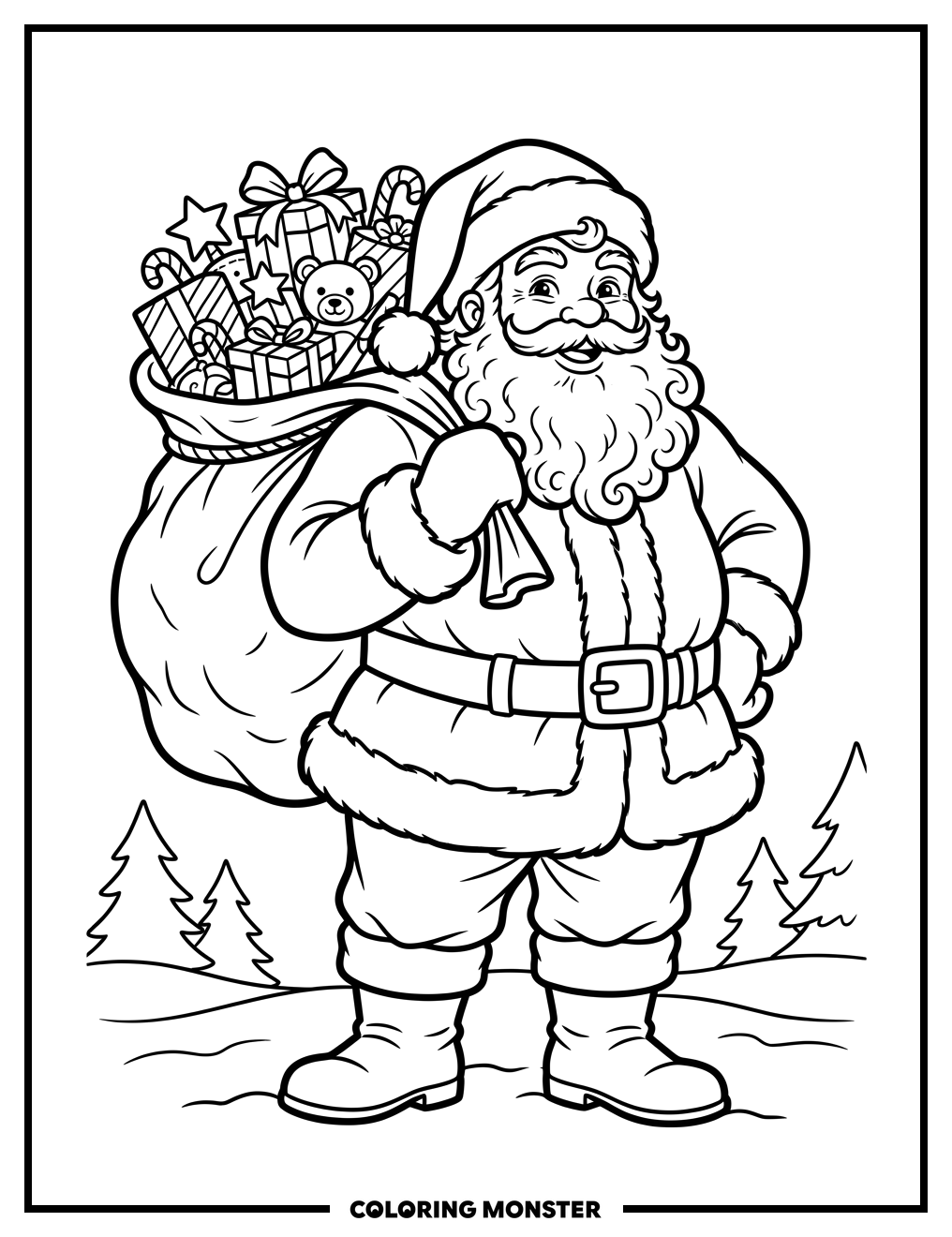 Jolly Santa With Gift Sack Coloring Page