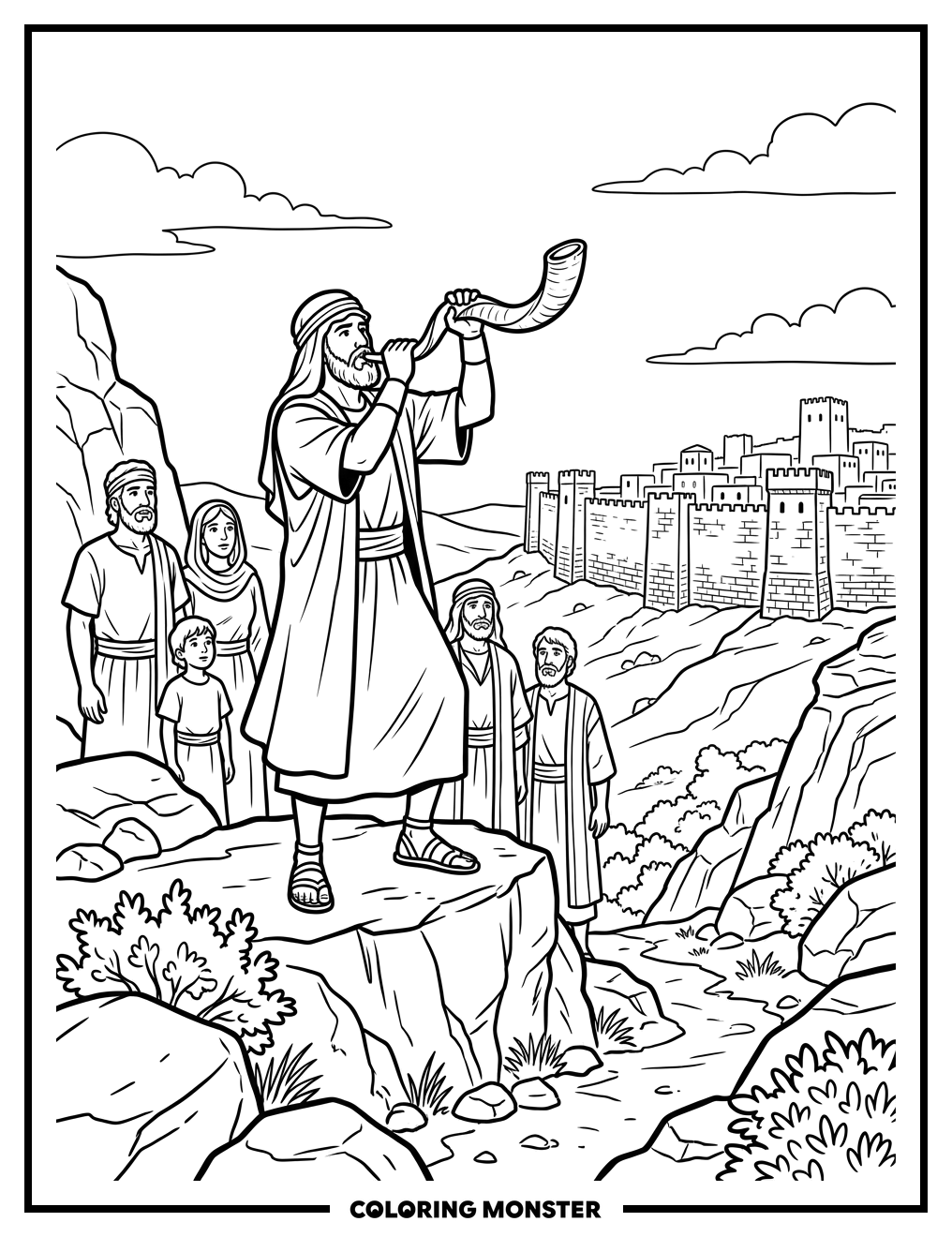 Joshua Blows the Shofar at Jericho Coloring Page