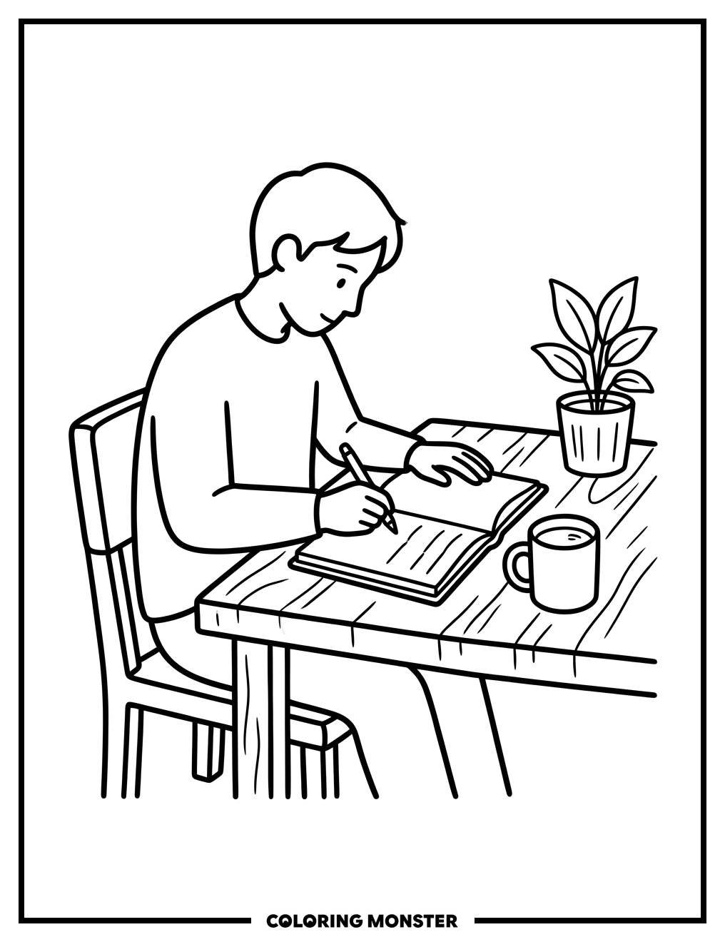 Journaling at a Desk Coloring Page