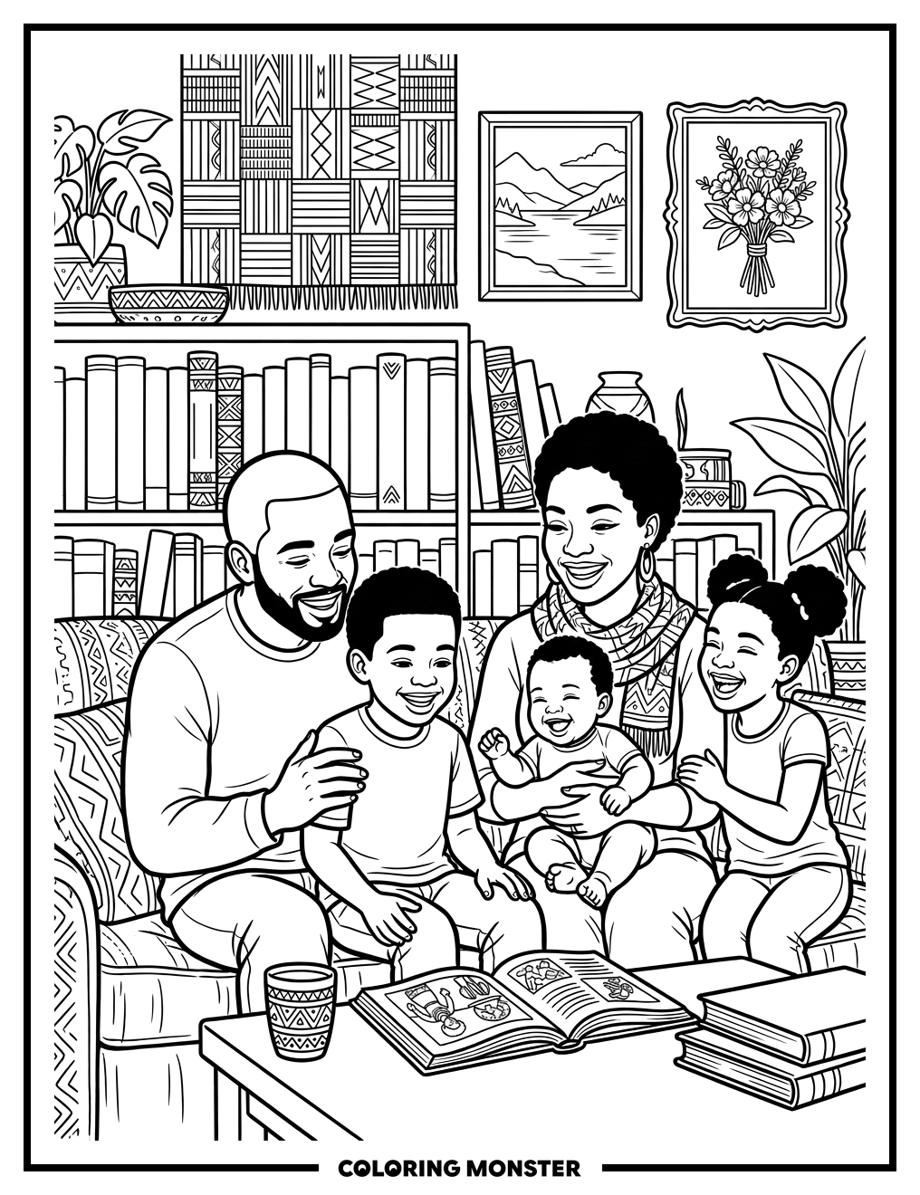 Joyful Black Family Gathering Coloring Page
