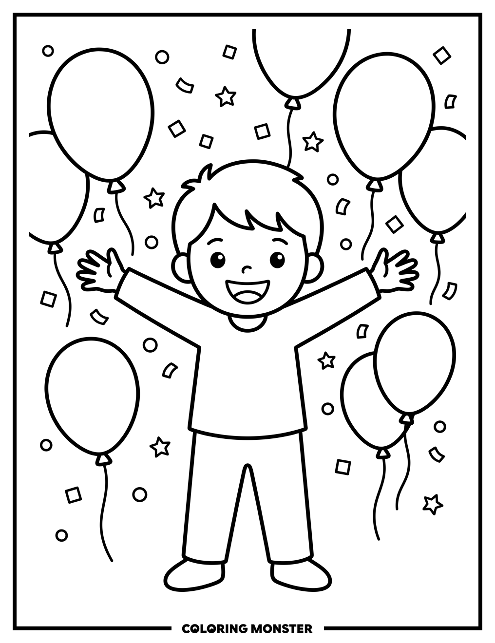 Joyful Child Surrounded by Balloons Coloring Page