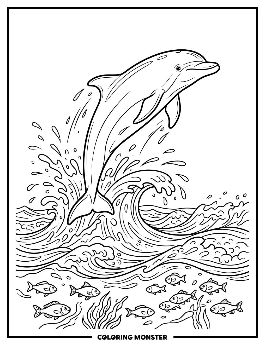 Joyful Dolphin Leaping from Waves Coloring Page