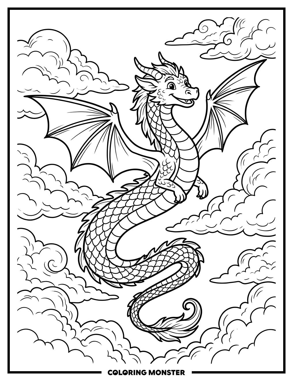 Joyful Dragon Soaring Through Clouds Coloring Page